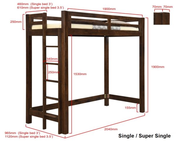 Wooden Loft Bed (Cigar Oak) (Single/Super Single)